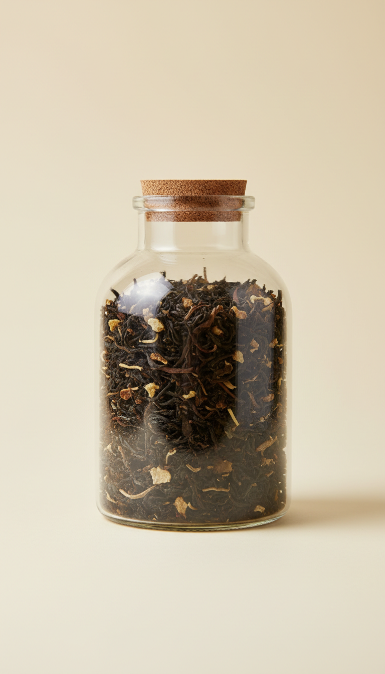 Loose-leaf Earl Grey tea glass jar