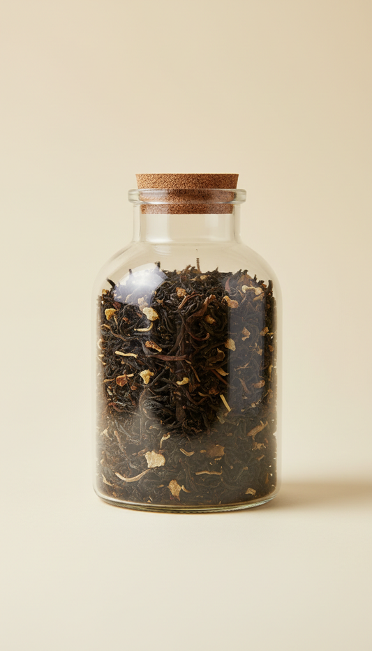 Loose-leaf Earl Grey tea glass jar