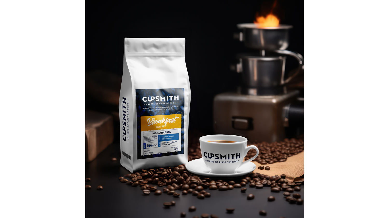 Cupsmith coffee bag and cup with coffee beans on a dark background