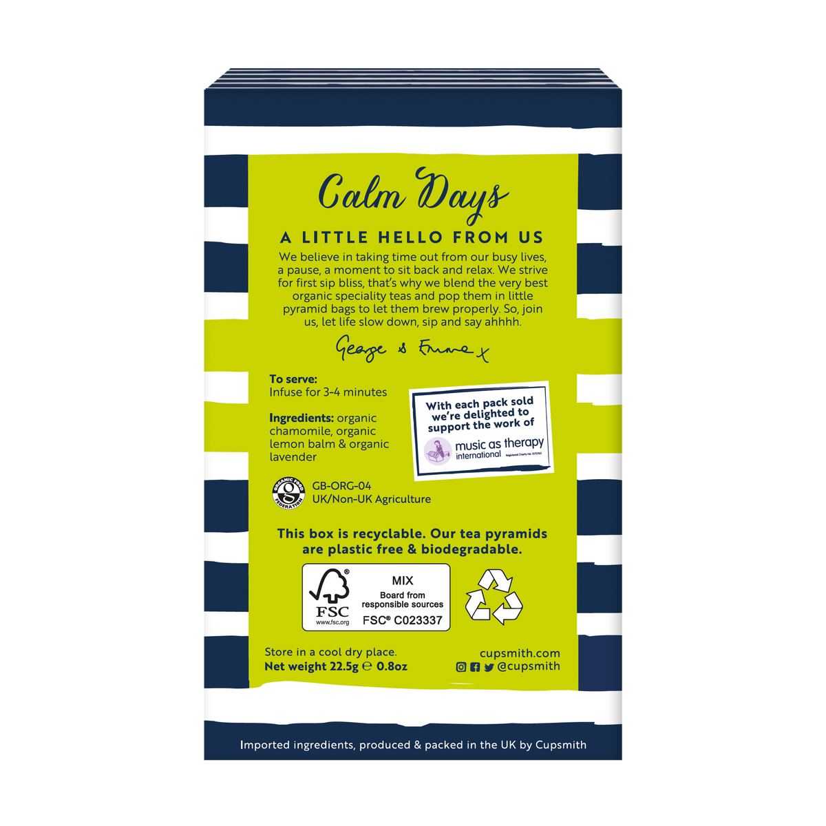 Cupsmith Calm Days Tea – Organic Chamomile, Lemon Balm & Lavender